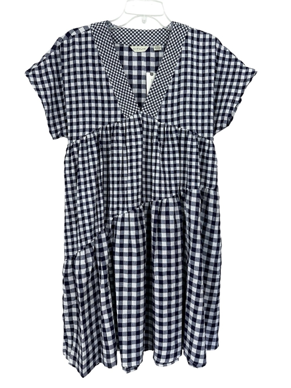NWT Anthropologie Dress Blue White Gingham Babydoll Flowy V-Neck 11-1-Tylho XS